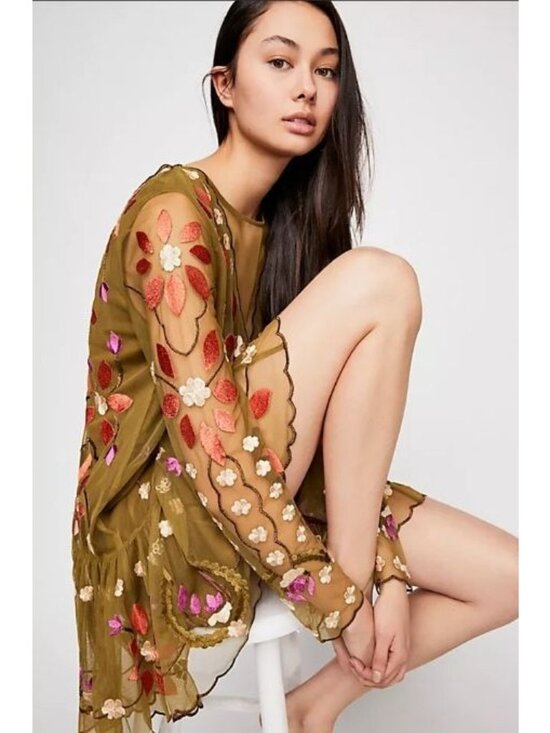 Free People Dresses & Skirts - Free People Olive Hearts Are Wild Floral Embroidered Mini Dress Womens Large